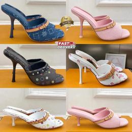 Women's Designer Cat-Heel Denim Mules, Pink Leather High Top, Summer and Autumn Lightweight Luxury Open-Toe Shoes, Elegant Women's Low Heel Shoes, Sizes 36-42