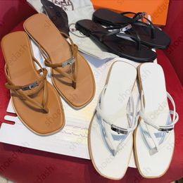 Miss Designer Sandals Womens Flat Thong Sandals Square Toe Leather Flip Flops Metal Buckle Casual Shoes Slides Summer Beach Outdoor Non Slip Slippers