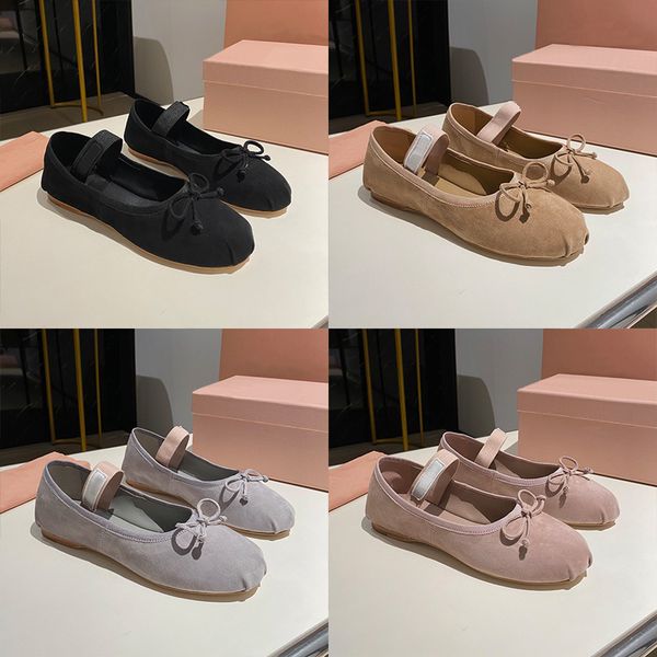 Designer Loafers Ballet Flat Shoes Women Leather Sandals Butterfly Soft Sole Suede Sneaker Elastic Band Shallow Mouth Mary Janes Casual Shoes 1062