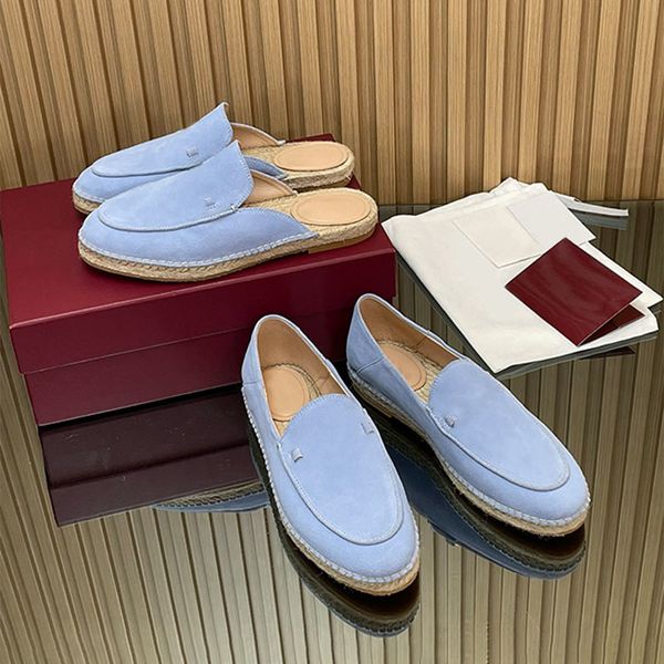Trendy Women Loafer Slides Espadrille Mules Straw Woven Suede Leather Designer Casual Shoes 1034