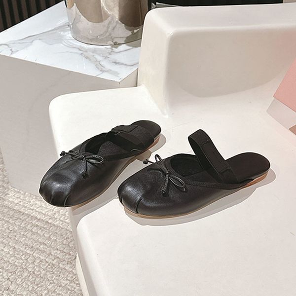 Fashion Girls Pink Satin Ballet Flats Ballerinas Luxury Bow Silk Mary Janes Leather Mules Round-toe Dress Shoes 1062