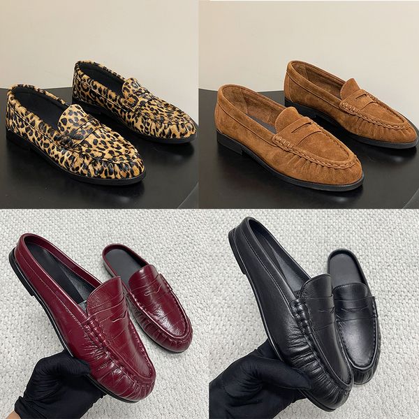 2026 Classic Penny Loafers Men Women Designer Mules EU47 Slippers Creased Leather Suede Flat Shoes Slip On Luxury Dress Shoes 1137