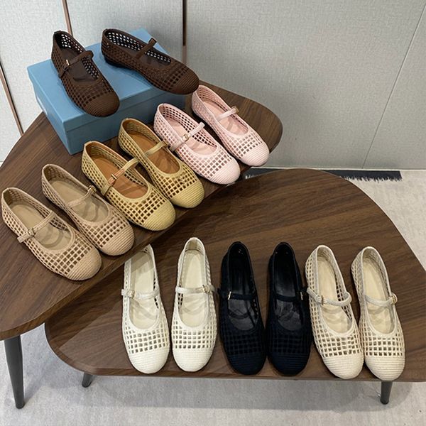 2026 Designer Crochet Knit Hollow Out Ballerina Flats Women Woven Mesh Mary Jane Shoes Triangle Breathable Adjustable Ankle Strap Casual Flat Pumps 1138