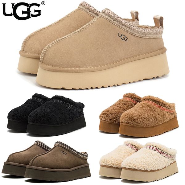 UGG Women's Tazz Platform Slippers Suede Curly Shearling Tribal Stitch Trim Slip On Warm Fur Lined Indoor Outdoor Winter Mule Slides Multiple colors