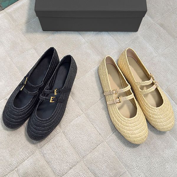 Women Crochet Ballerinas Shoes Metal Triangle Ballet Flats Beige Black Leather Flat Pumps Classic Mary Jane Shoes Dual Belt Design Raffia Sandal Dress Shoes 898