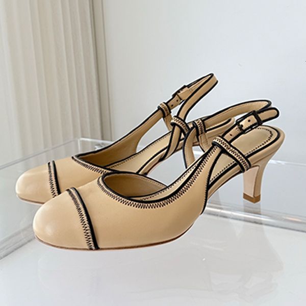 Fashion Slingback Pumps Leather Sling Back Sandals Boat High Heels Women Dress Shoes Round Toe Office Party Shoes 906